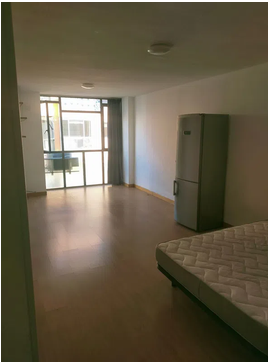 Salón con parquet, nevera y acceso al balcón